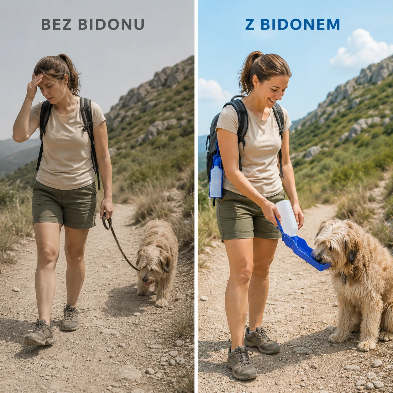 Pies na spacerze bez bidonu i z bidonem-poidłem