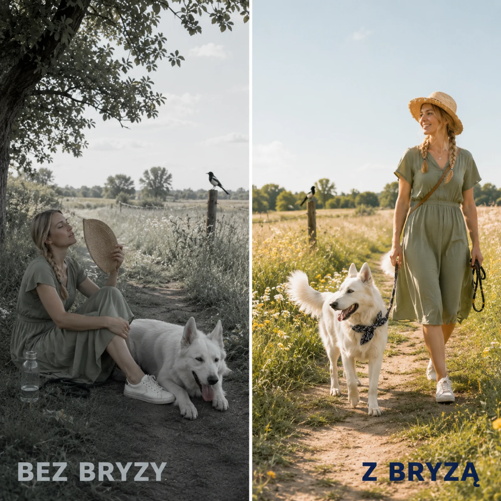 Pies w upał bez szala i z szalem chłodzącym Bryza
