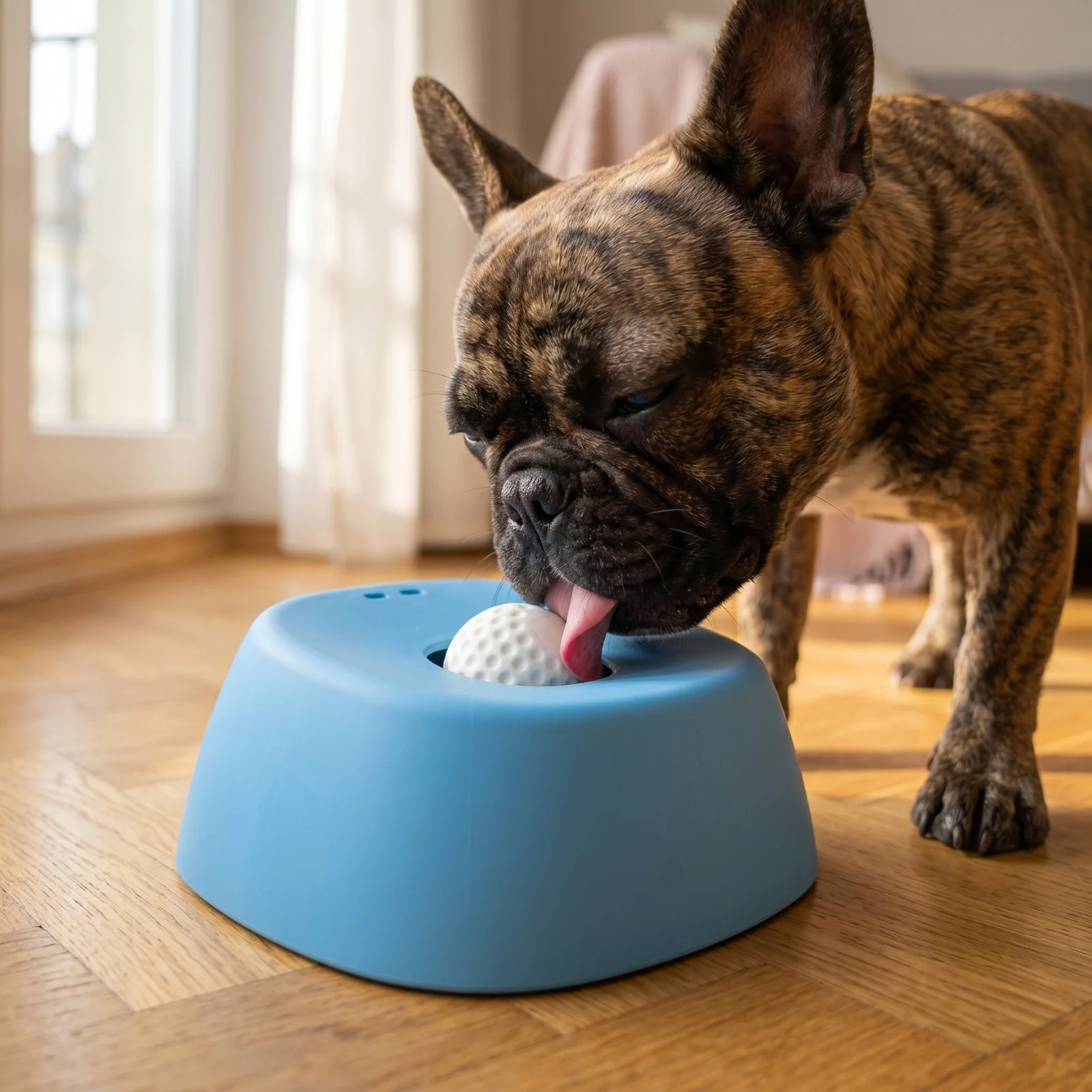 WolnaMiska — buldog francuski liże w salonie